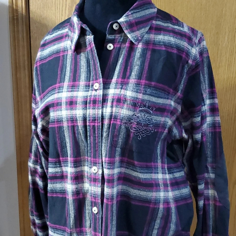 Soft surroundings pink black long flannel shirt heavyweight